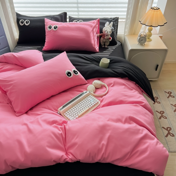 91家纺网 家纺一手货源 找家纺 （总）（有买家秀）2025新款大眼睛毛巾绣水洗棉纯色双拼四件套简约软糯舒适多巴胺风床上用品