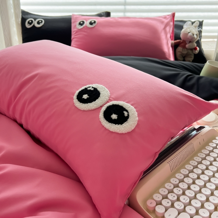 91家纺网 家纺一手货源 找家纺 （总）（有买家秀）2025新款大眼睛毛巾绣水洗棉纯色双拼四件套简约软糯舒适多巴胺风床上用品