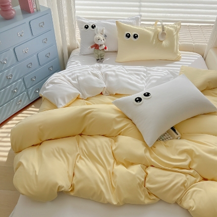 91家纺网 家纺一手货源 找家纺 （总）（有买家秀）2025新款大眼睛毛巾绣水洗棉纯色双拼四件套简约软糯舒适多巴胺风床上用品