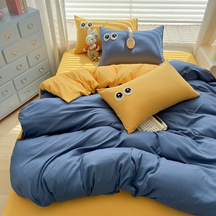 91家纺网 家纺一手货源 找家纺 （总）（有买家秀）2025新款大眼睛毛巾绣水洗棉纯色双拼四件套简约软糯舒适多巴胺风床上用品