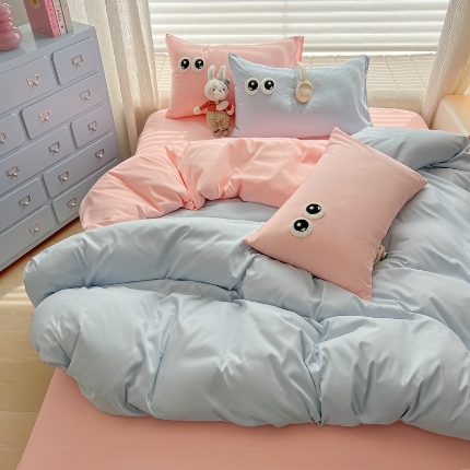 91家纺网 家纺一手货源 找家纺 （总）（有买家秀）2025新款大眼睛毛巾绣水洗棉纯色双拼四件套简约软糯舒适多巴胺风床上用品