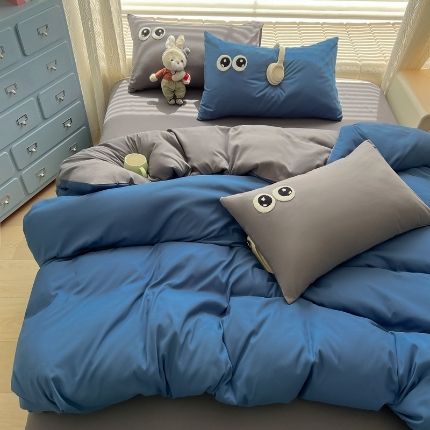 91家纺网 家纺一手货源 找家纺 （总）（有买家秀）2025新款大眼睛毛巾绣水洗棉纯色双拼四件套简约软糯舒适多巴胺风床上用品