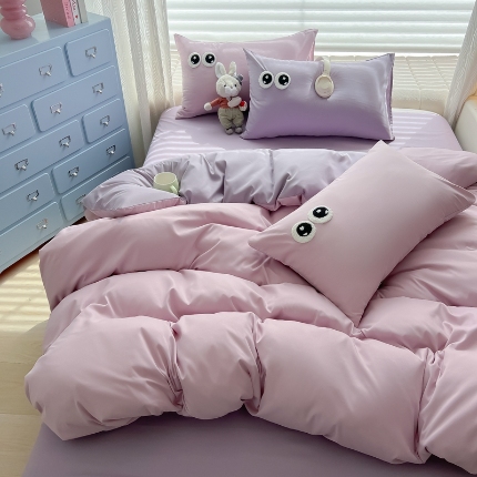 91家纺网 家纺一手货源 找家纺 （总）（有买家秀）2025新款大眼睛毛巾绣水洗棉纯色双拼四件套简约软糯舒适多巴胺风床上用品