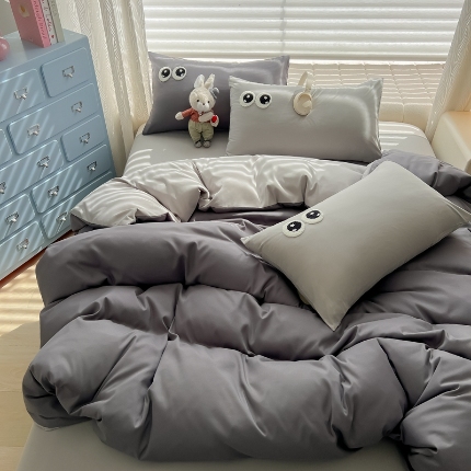 91家纺网 家纺一手货源 找家纺 （总）（有买家秀）2025新款大眼睛毛巾绣水洗棉纯色双拼四件套简约软糯舒适多巴胺风床上用品