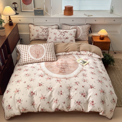 91家纺网 家纺一手货源 找家纺 （总）RYB红黄兰 2025新款设计师原创全棉纯棉有氧双层纱大版数码贝壳边四件套