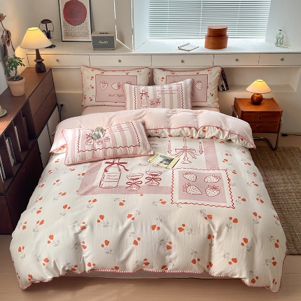 91家纺网 家纺一手货源 找家纺 （总）RYB红黄兰 2025新款设计师原创全棉纯棉有氧双层纱大版数码贝壳边四件套