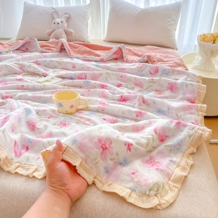 91家纺网 家纺一手货源 找家纺 【苏东来】2025全棉双层纱韩版花边款单夏被系列夏被四件套