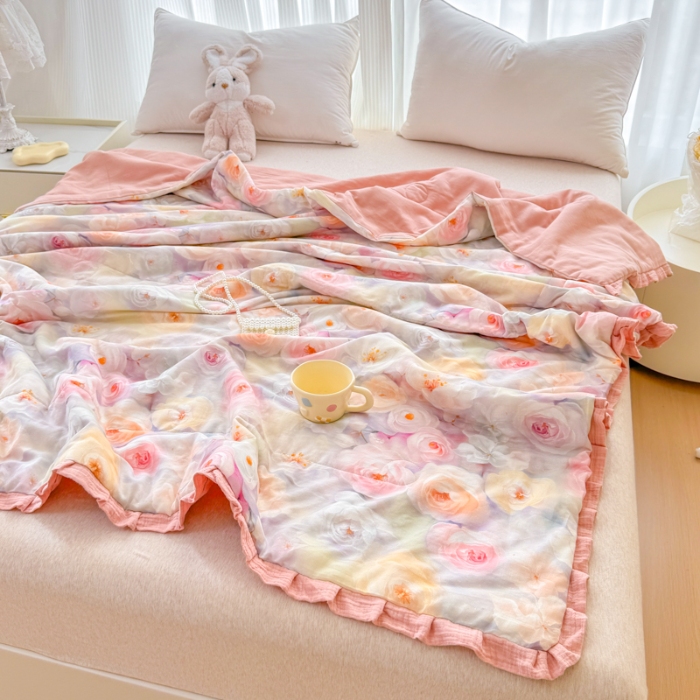 91家纺网 家纺一手货源 找家纺 【苏东来】2025全棉双层纱韩版花边款单夏被系列夏被四件套