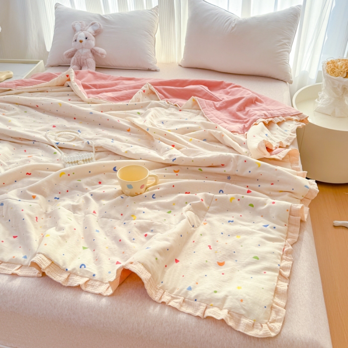 91家纺网 家纺一手货源 找家纺 【苏东来】2025全棉双层纱韩版花边款单夏被系列夏被四件套