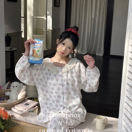 （总）纽约生活 韩系婴儿棉纱皱皱纱双层纱碎花圆领蕾丝家居服睡衣
