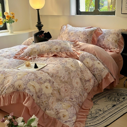 91家纺网 家纺一手货源 找家纺 （总）【苏东来】2025韩版法式花边全棉双层纱四件套高端全棉套件