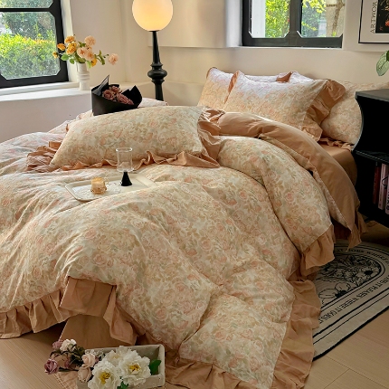 91家纺网 家纺一手货源 找家纺 （总）【苏东来】2025韩版法式花边全棉双层纱四件套高端全棉套件