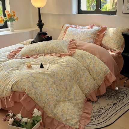 91家纺网 家纺一手货源 找家纺 （总）【苏东来】2025韩版法式花边全棉双层纱四件套高端全棉套件