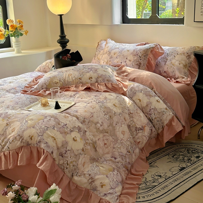 91家纺网 家纺一手货源 找家纺 （总）【苏东来】2025韩版法式花边全棉双层纱四件套高端全棉套件