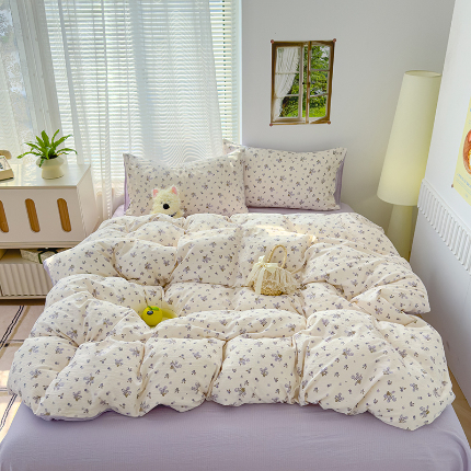 91家纺网 家纺一手货源 找家纺 竹合家纺 2025新品云感皱皱四件套跑量款小清新四件套 郁金香-紫