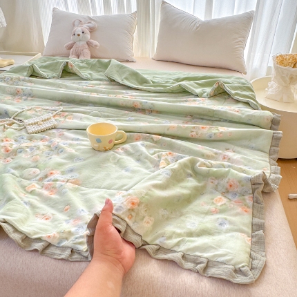 91家纺网 家纺一手货源 找家纺 【苏东来】2025高端韩版皱皱花边母婴级印花全棉双层纱夏被清新公主风法式蕾丝花边纯棉双层纱夏凉被空调被春秋被