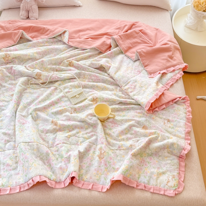 91家纺网 家纺一手货源 找家纺 2025苏东来家纺全棉双层纱韩版花边款单夏被皱皱纱花边夏被四件套 花语