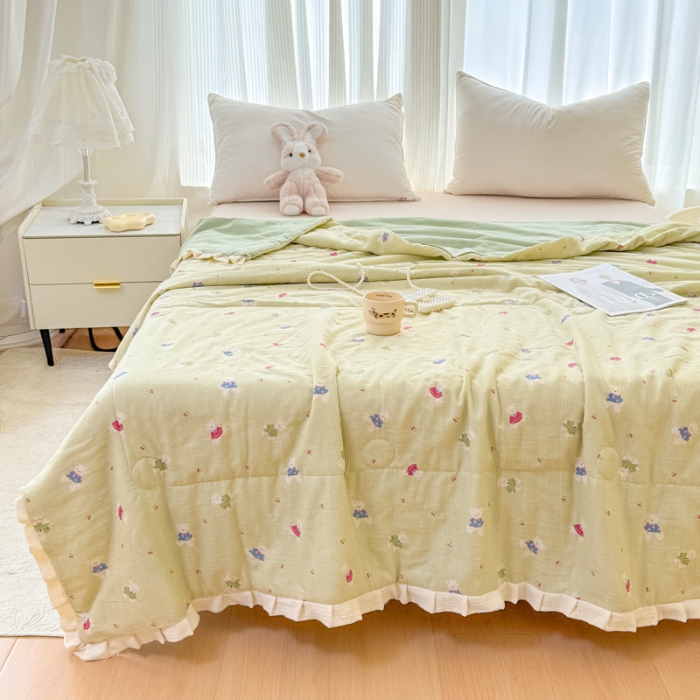 91家纺网 家纺一手货源 找家纺 2025苏东来家纺全棉双层纱韩版花边款单夏被皱皱纱花边夏被四件套 童话世界