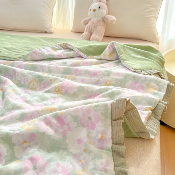 91家纺网 家纺一手货源 找家纺 2025苏东来家纺全棉双层纱韩版花边款单夏被皱皱纱花边夏被四件套 春天