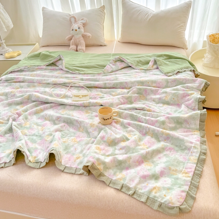 91家纺网 家纺一手货源 找家纺 2025苏东来家纺全棉双层纱韩版花边款单夏被皱皱纱花边夏被四件套 春天