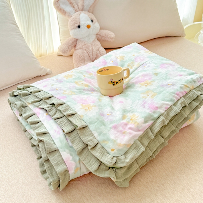 91家纺网 家纺一手货源 找家纺 2025苏东来家纺全棉双层纱韩版花边款单夏被皱皱纱花边夏被四件套 春天