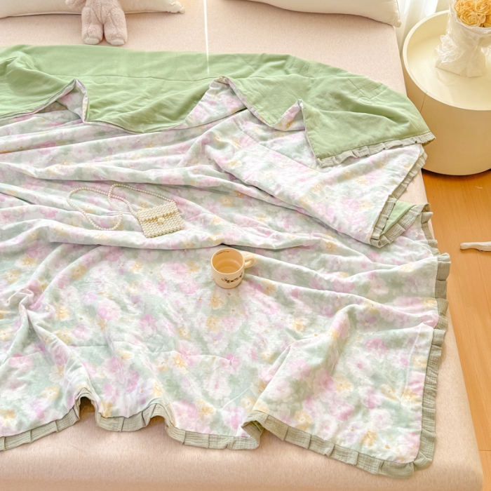 91家纺网 家纺一手货源 找家纺 2025苏东来家纺全棉双层纱韩版花边款单夏被皱皱纱花边夏被四件套 春天