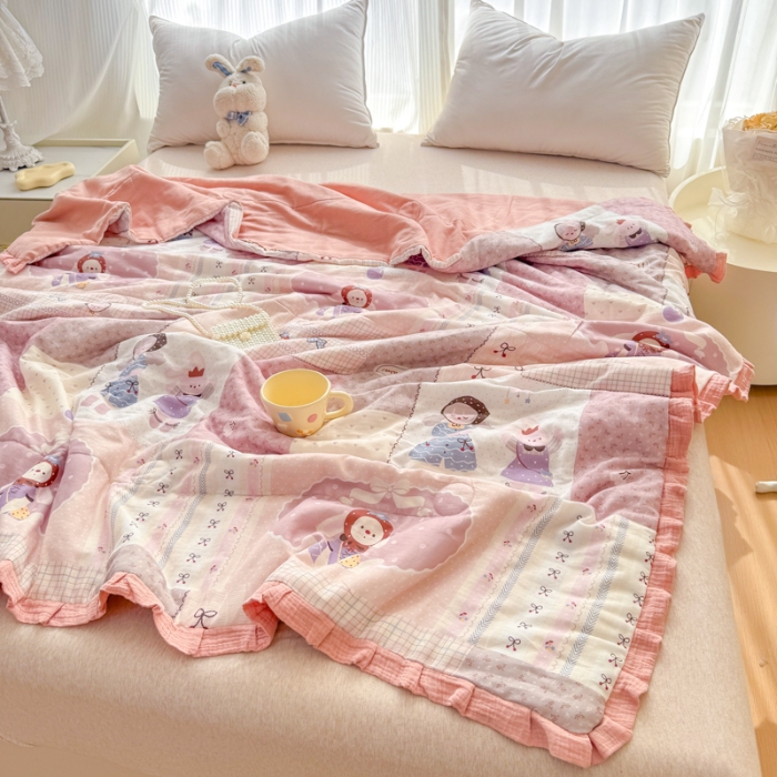 91家纺网 家纺一手货源 找家纺 2025苏东来家纺全棉双层纱韩版花边款单夏被皱皱纱花边夏被四件套 快乐女孩