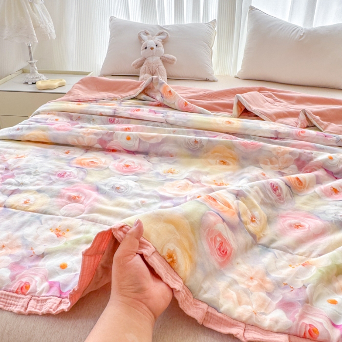 91家纺网 家纺一手货源 找家纺 2025苏东来家纺全棉双层纱韩版花边款单夏被皱皱纱花边夏被四件套 薇薇安