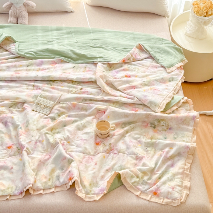 91家纺网 家纺一手货源 找家纺 2025苏东来家纺全棉双层纱韩版花边款单夏被皱皱纱花边夏被四件套 油画