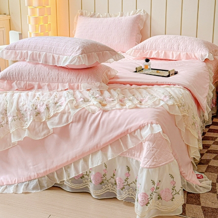 （总）漫布云2025春夏韩版公主风水洗棉蕾丝床盖款夏被四件套法式蕾丝花边床裙款四件套