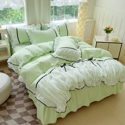 91家纺网 家纺一手货源 找家纺 苏米娜2025春夏韩版公主风小香风公主风水洗棉工艺款四件套法式蕾丝花边床裙款四件套 小香—薄荷绿 