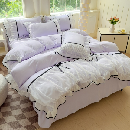 91家纺网 家纺一手货源 找家纺 苏米娜2025春夏韩版公主风小香风公主风水洗棉工艺款四件套法式蕾丝花边床裙款四件套 小香—薄荷绿 