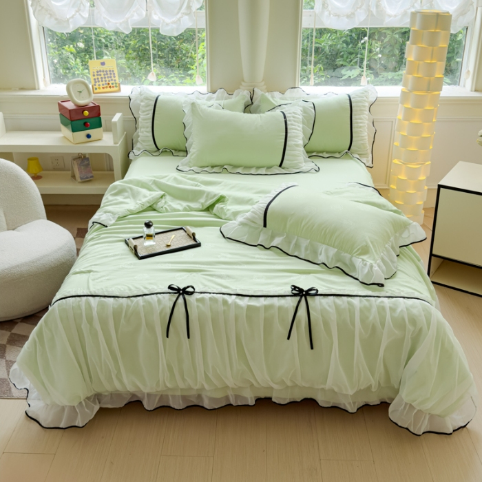 91家纺网 家纺一手货源 找家纺 苏米娜2025春夏韩版公主风小香风公主风水洗棉工艺款四件套法式蕾丝花边床裙款四件套 小香—薄荷绿 