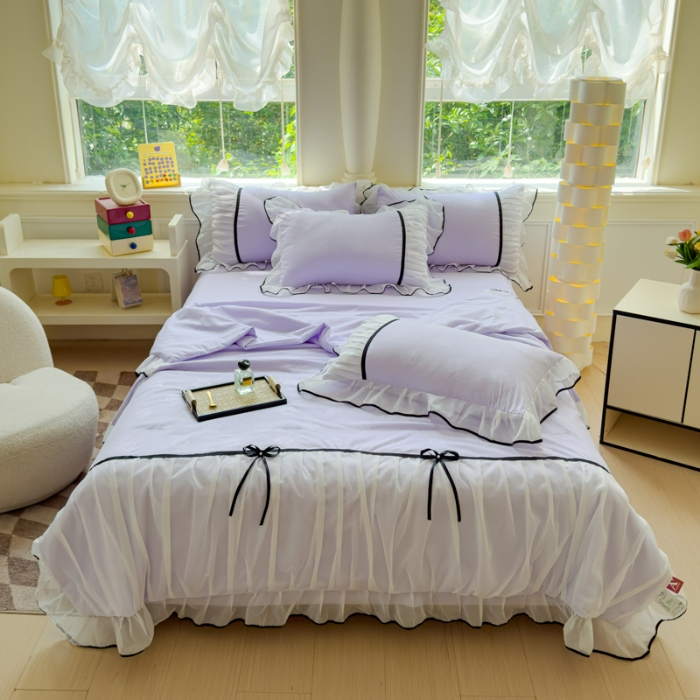 91家纺网 家纺一手货源 找家纺 苏米娜2025春夏韩版公主风小香风公主风水洗棉工艺款四件套法式蕾丝花边床裙款四件套  小香-梦幻紫