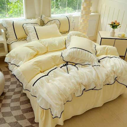 苏米娜2025春夏韩版公主风小香风公主风水洗棉工艺款四件套法式蕾丝花边床裙款四件套  小香—嫩黄  