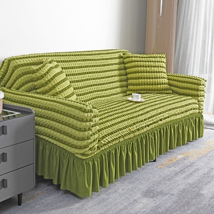 91家纺网 家纺一手货源 找家纺 （总）2025新款双色泡泡纱裙摆沙发套全包弹力罩单双人三人泡泡纱裙摆款四季通用