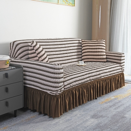 91家纺网 家纺一手货源 找家纺 （总）2025新款双色泡泡纱裙摆沙发套全包弹力罩单双人三人泡泡纱裙摆款四季通用