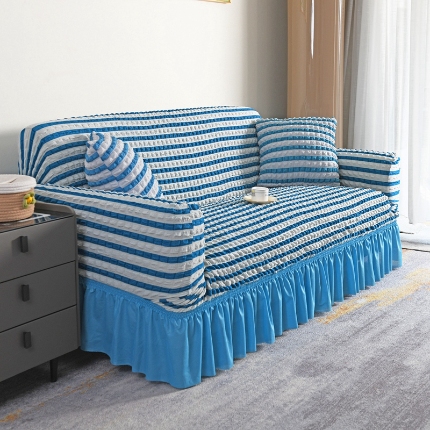 91家纺网 家纺一手货源 找家纺 （总）2025新款双色泡泡纱裙摆沙发套全包弹力罩单双人三人泡泡纱裙摆款四季通用