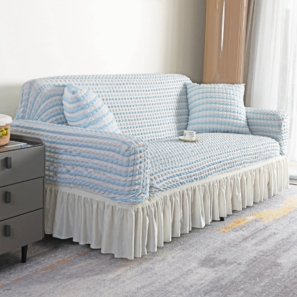 91家纺网 家纺一手货源 找家纺 （总）2025新款双色泡泡纱裙摆沙发套全包弹力罩单双人三人泡泡纱裙摆款四季通用