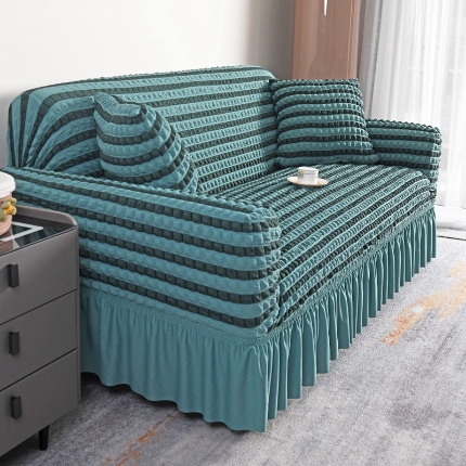 91家纺网 家纺一手货源 找家纺 （总）2025新款双色泡泡纱裙摆沙发套全包弹力罩单双人三人泡泡纱裙摆款四季通用