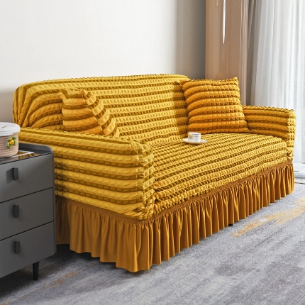 91家纺网 家纺一手货源 找家纺 （总）2025新款双色泡泡纱裙摆沙发套全包弹力罩单双人三人泡泡纱裙摆款四季通用