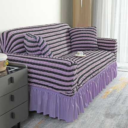 91家纺网 家纺一手货源 找家纺 （总）2025新款双色泡泡纱裙摆沙发套全包弹力罩单双人三人泡泡纱裙摆款四季通用