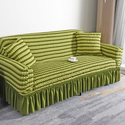 91家纺网 家纺一手货源 找家纺 （总）2025新款双色泡泡纱裙摆沙发套懒人全包弹力沙发罩裙摆一体式防滑防尘罩四季通用