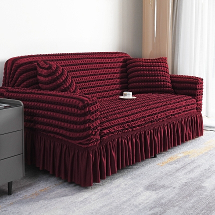 91家纺网 家纺一手货源 找家纺 （总）2025新款双色泡泡纱裙摆沙发套懒人全包弹力沙发罩裙摆一体式防滑防尘罩四季通用