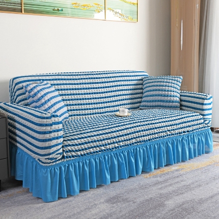 91家纺网 家纺一手货源 找家纺 （总）2025新款双色泡泡纱裙摆沙发套懒人全包弹力沙发罩裙摆一体式防滑防尘罩四季通用