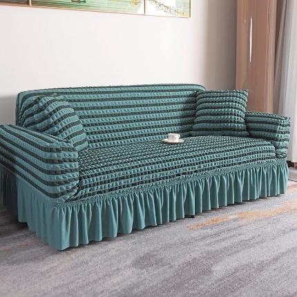 91家纺网 家纺一手货源 找家纺 （总）2025新款双色泡泡纱裙摆沙发套懒人全包弹力沙发罩裙摆一体式防滑防尘罩四季通用