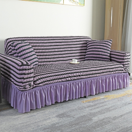 91家纺网 家纺一手货源 找家纺 （总）2025新款双色泡泡纱裙摆沙发套懒人全包弹力沙发罩裙摆一体式防滑防尘罩四季通用