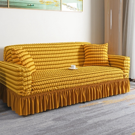 91家纺网 家纺一手货源 找家纺 （总）2025新款双色泡泡纱裙摆沙发套懒人全包弹力沙发罩裙摆一体式防滑防尘罩四季通用