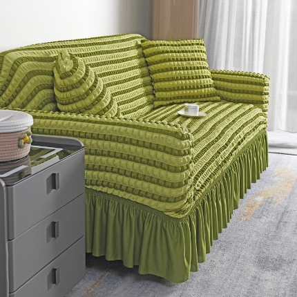 91家纺网 家纺一手货源 找家纺 （总）2025新款双色泡泡纱裙摆沙发套加厚全包弹力沙发罩高级简约裙摆一体式防滑防尘罩四季通用