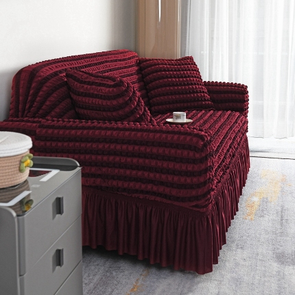 91家纺网 家纺一手货源 找家纺 （总）2025新款双色泡泡纱裙摆沙发套加厚全包弹力沙发罩高级简约裙摆一体式防滑防尘罩四季通用